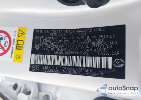 2017 Lexus Es 350 from USA, damaged, VIN 58ABK1GG9HU047693